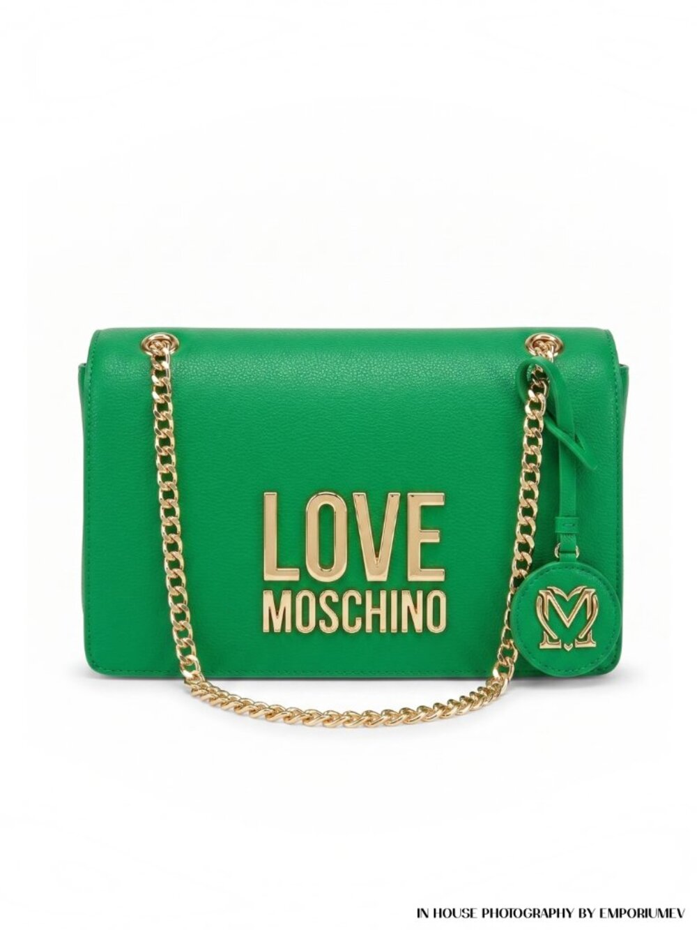 Love Moschino Women’s Green Shoulder Bag Crossbody Faux Leather Gold Chain NWT